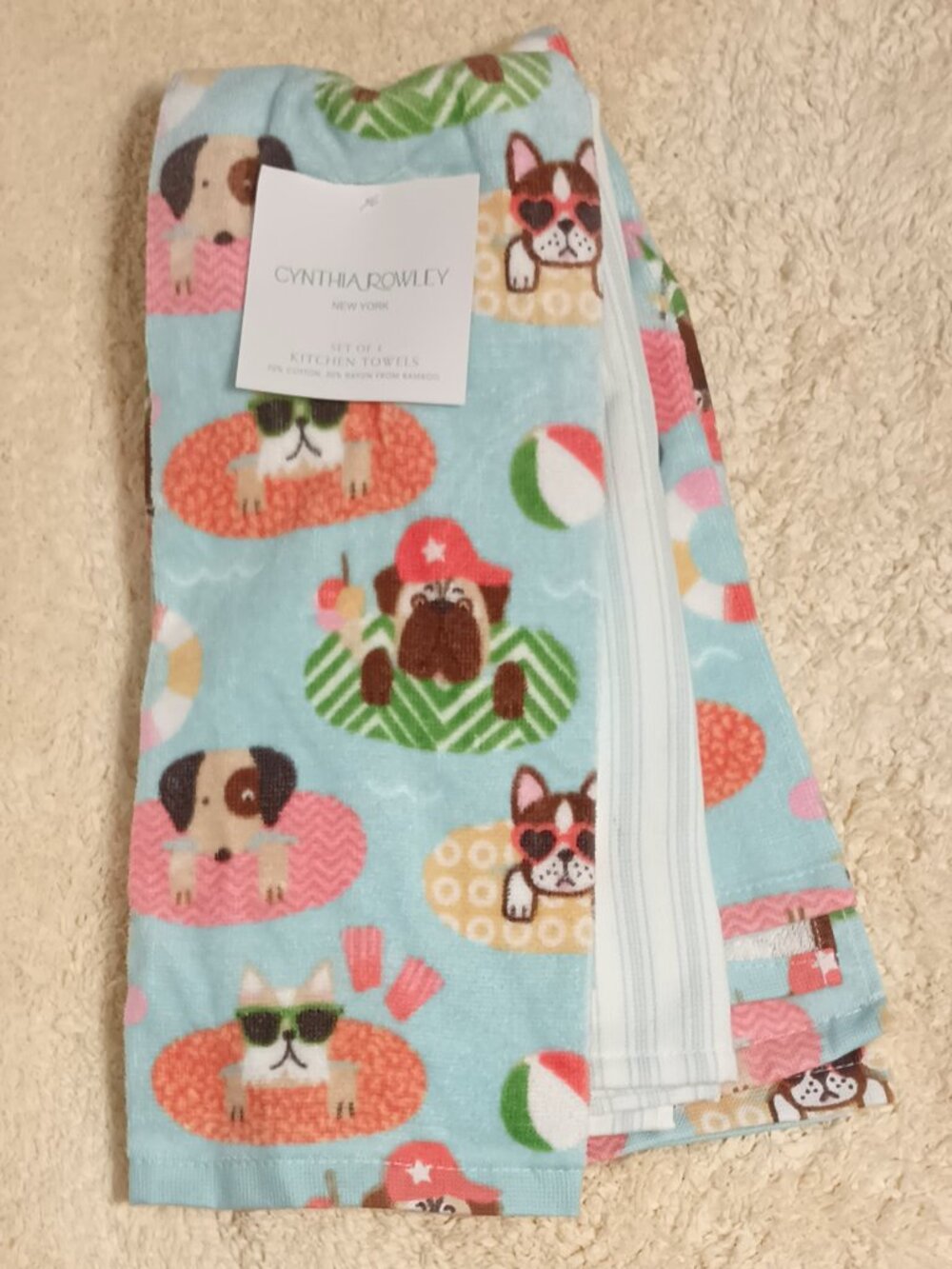Copy ~ Cynthia Rowley Set of 3 Summer Kitchen Towels w/ Various Dogs (18" X 28")